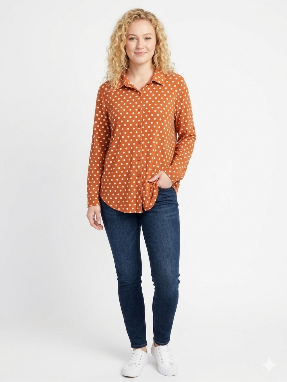 LuLaRoe Valentina Polka Dot Button Down Shirt Rust Orange White XL NWT